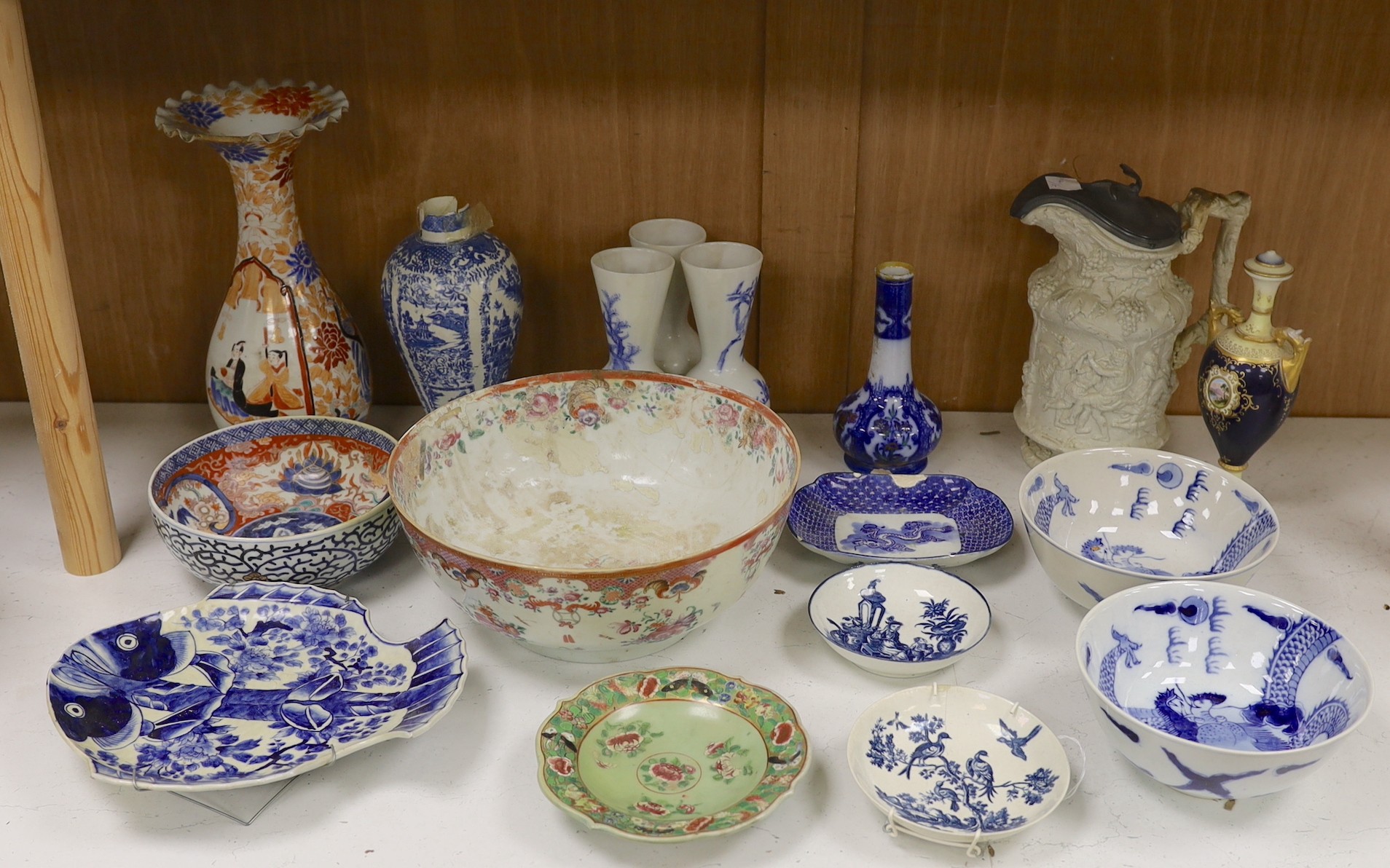 Two First Period Worcester saucers, together with a quantity of decorative Continental and Chinese ceramics, tallest 30cm